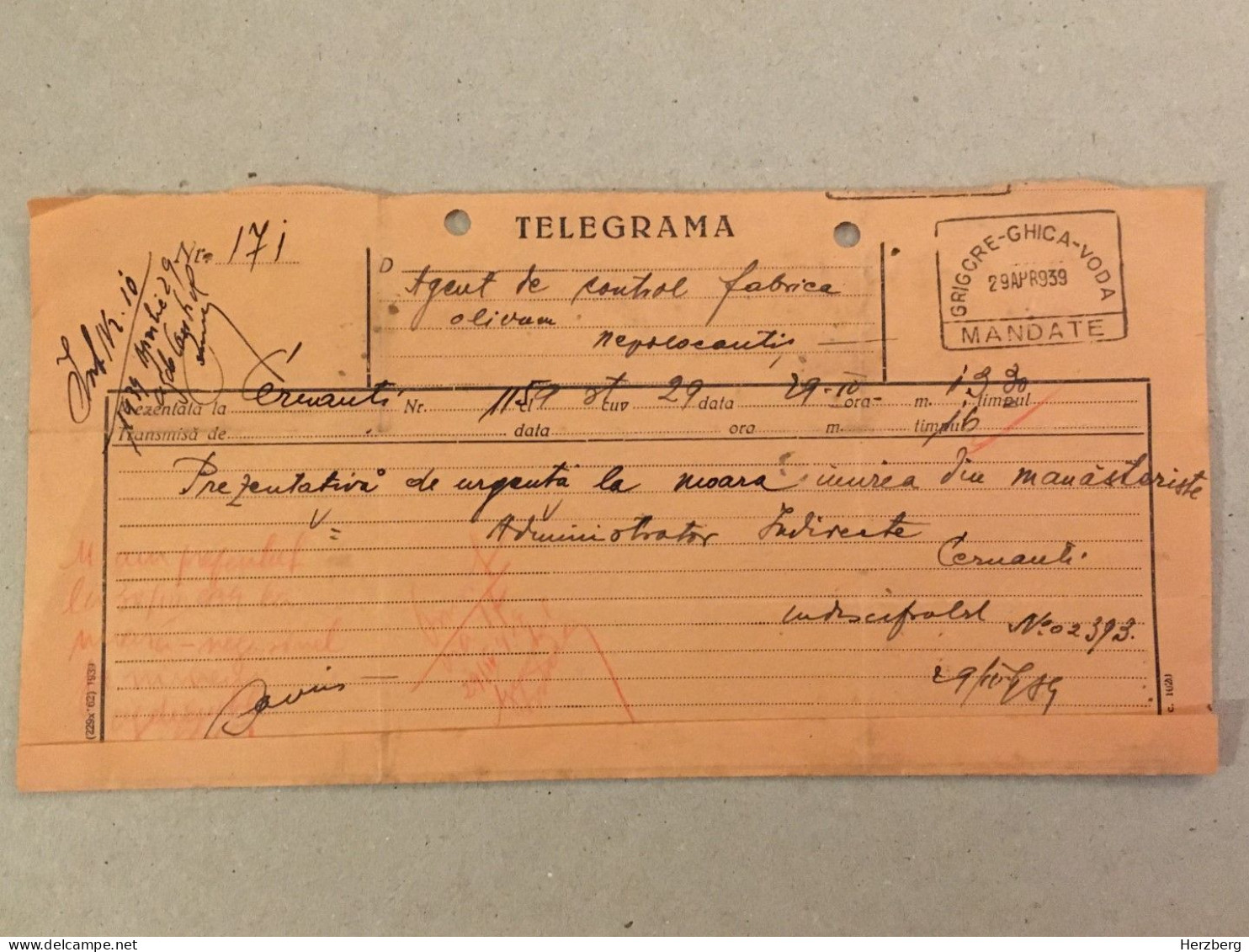 Romania 1939 Telegram Telegrame Télégramme Telegramm Bukowina Czernowitz Cernauti Grigore Ghica Voda Stamp Stationery - Covers & Documents