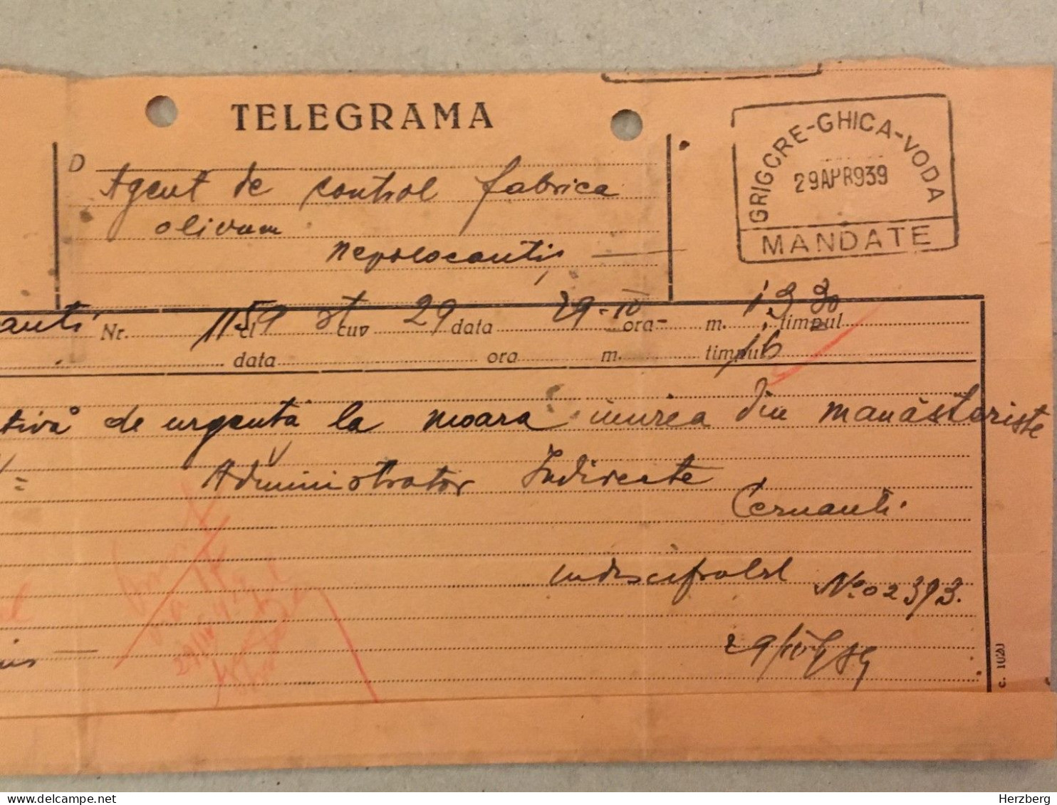 Romania 1939 Telegram Telegrame Télégramme Telegramm Bukowina Czernowitz Cernauti Grigore Ghica Voda Stamp Stationery - Lettres & Documents