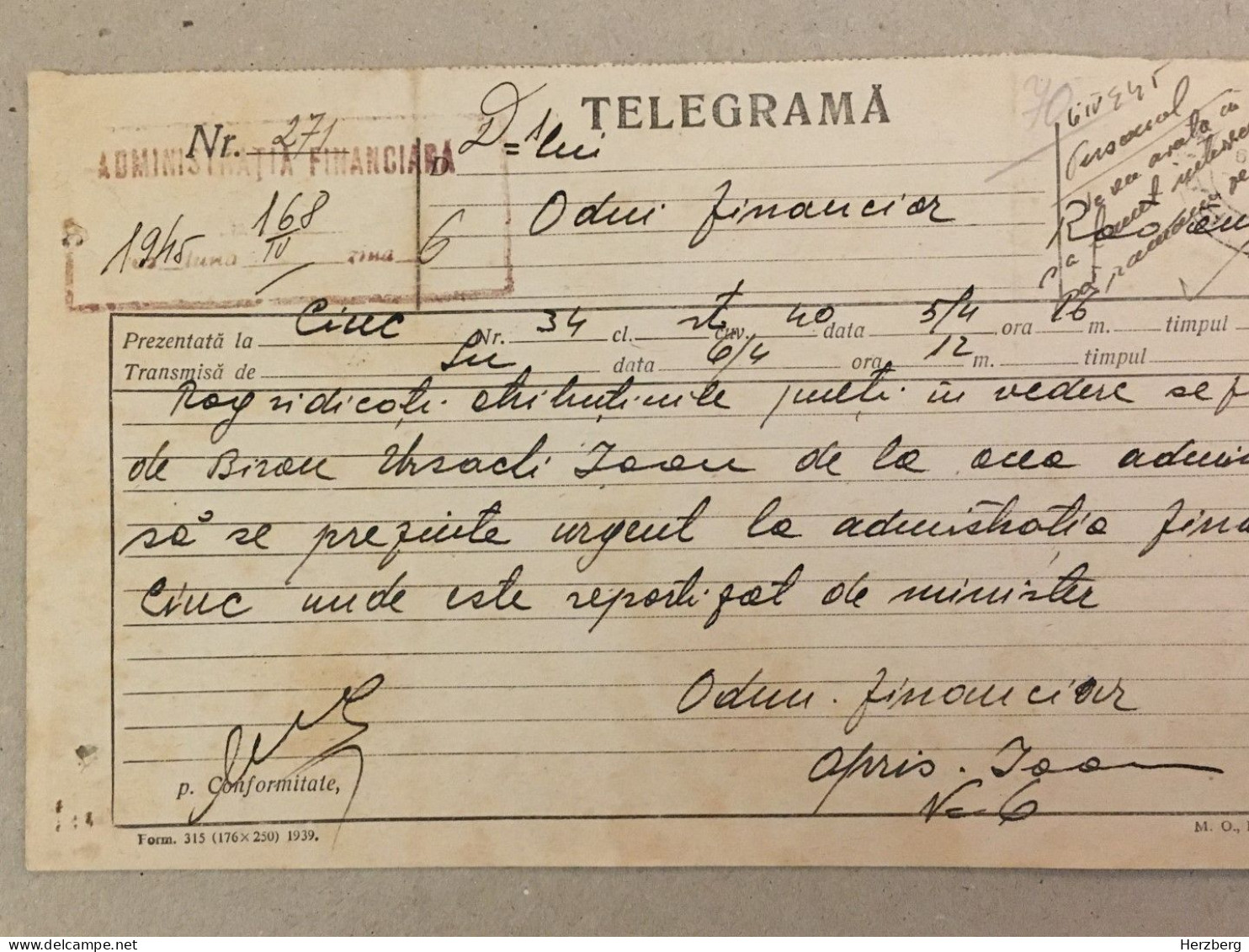 Romania Stationery 1945 Telegram Telegrame Télégramme Telegramm Miercurea Ciuc Csíkszereda Finance Administration - Lettres & Documents