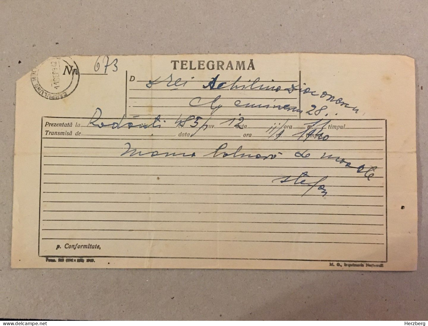 Romania 1942 Telegram Telegrame Télégramme Telegramm Bukowina Campulung Moldovenesc Stamp Stationery - Covers & Documents