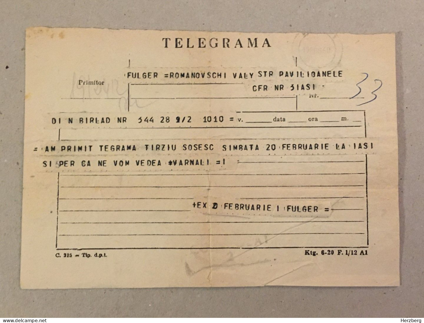 Romania 1940 Telegram Telegrame Télégramme Telegramm Iasi Barlad Chemin De Fer Railway Station CFR - Covers & Documents