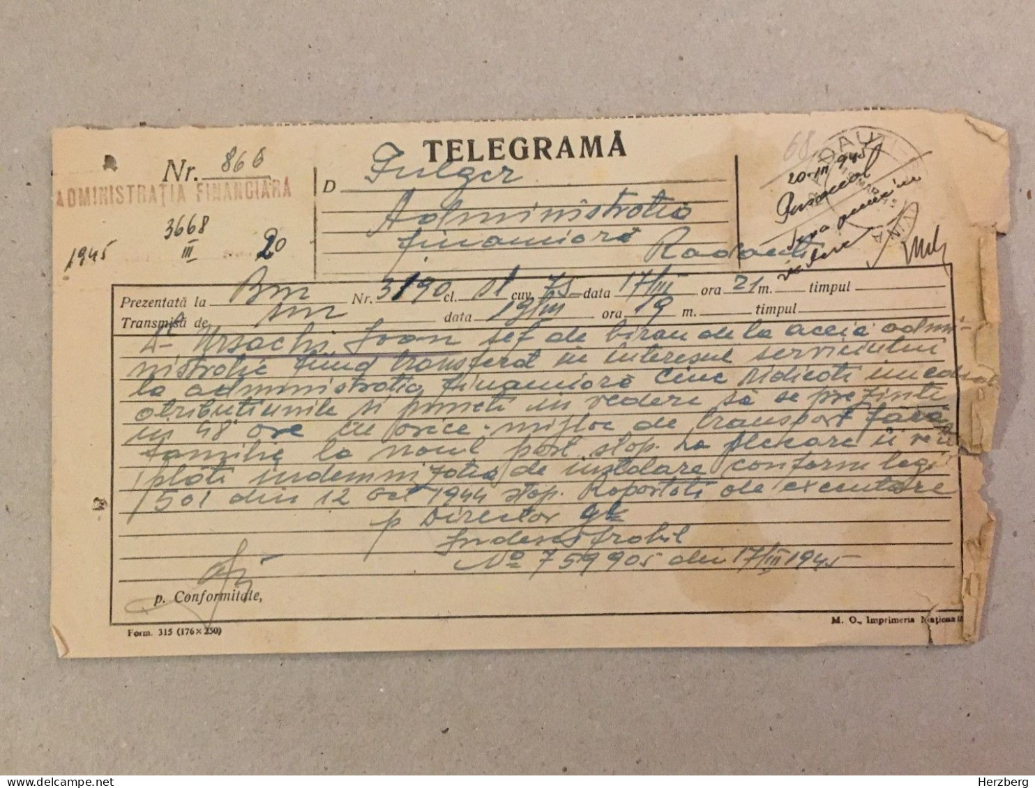 Romania 1945 Telegram Telegrame Télégramme Telegramm Bucovina Radauti Finance Financial Administration Financière - Lettres & Documents