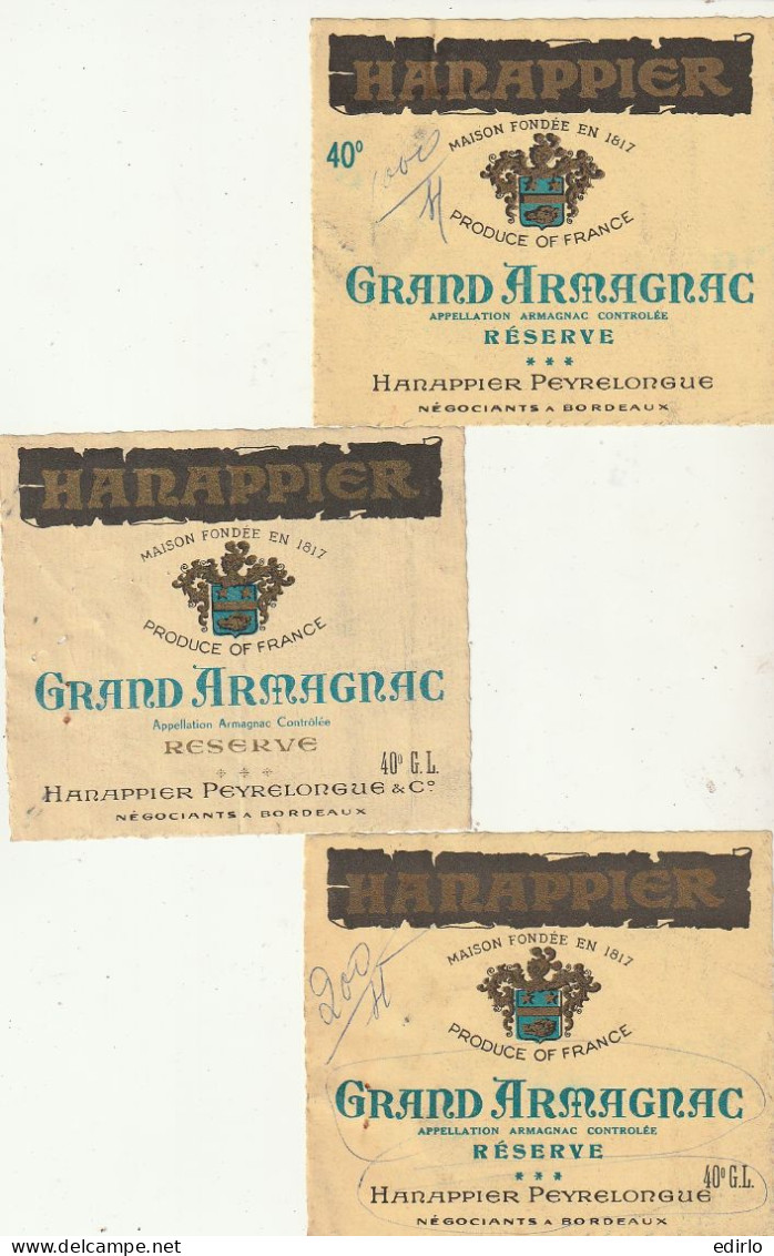 Grand Armagnac HARNAPPIER Peyrelongue - Reserve ENSEMBLE DE  De 5 étiquettes Avec Modification (dossier Imprimeur) - Whisky