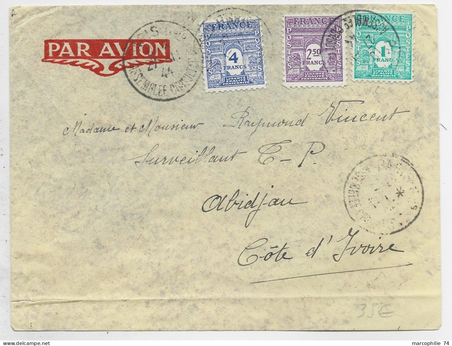 ARC TRIOMPHE 4FR+2FR50 +1FR LETTRE AVION PARIS 27.11.1944 POUR COTE D'IVOIRE  AU TARIF - 1944-45 Triumphbogen