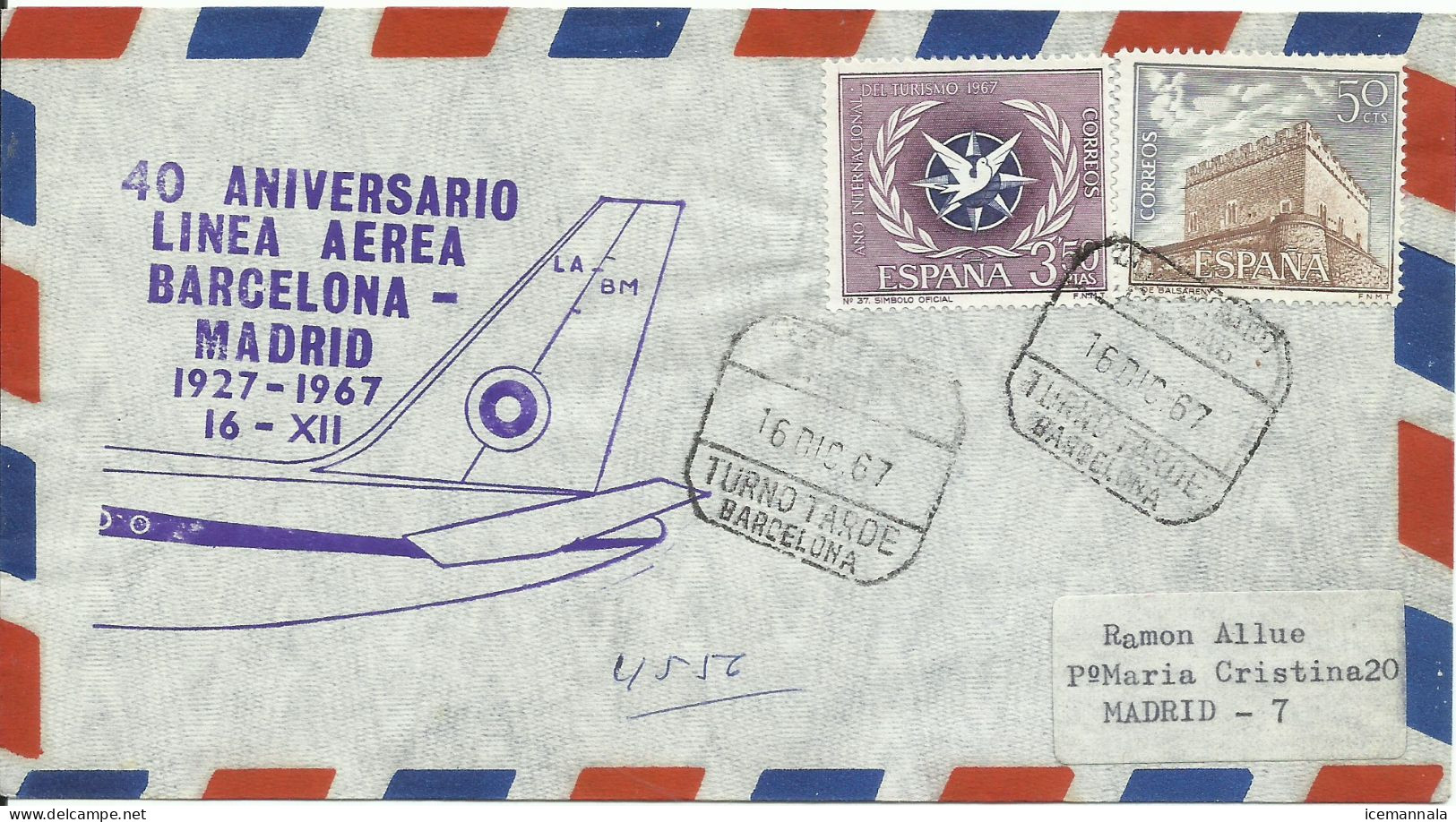 ESPAÑA,  CARTA CONMEMORATIVA  AEREA,  AÑO 1967 - Storia Postale