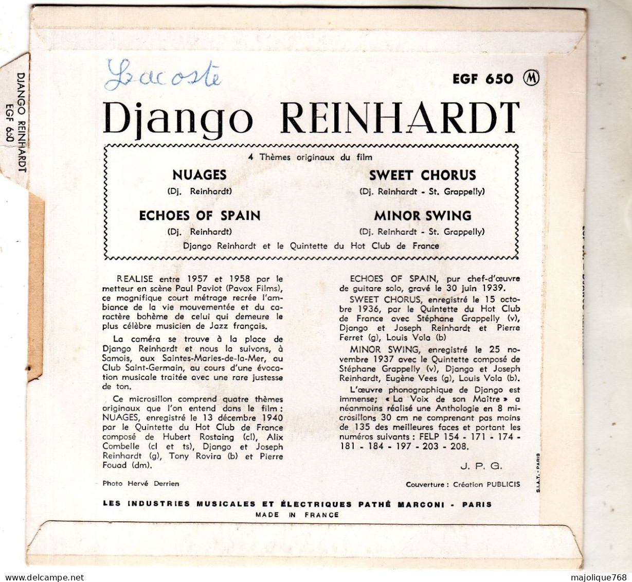 Disque De Django Reinhardt Et Le Quintette Du H.C.F - Nuages - La Voix De Son Maître EGF 650 France 1963 - Jazz