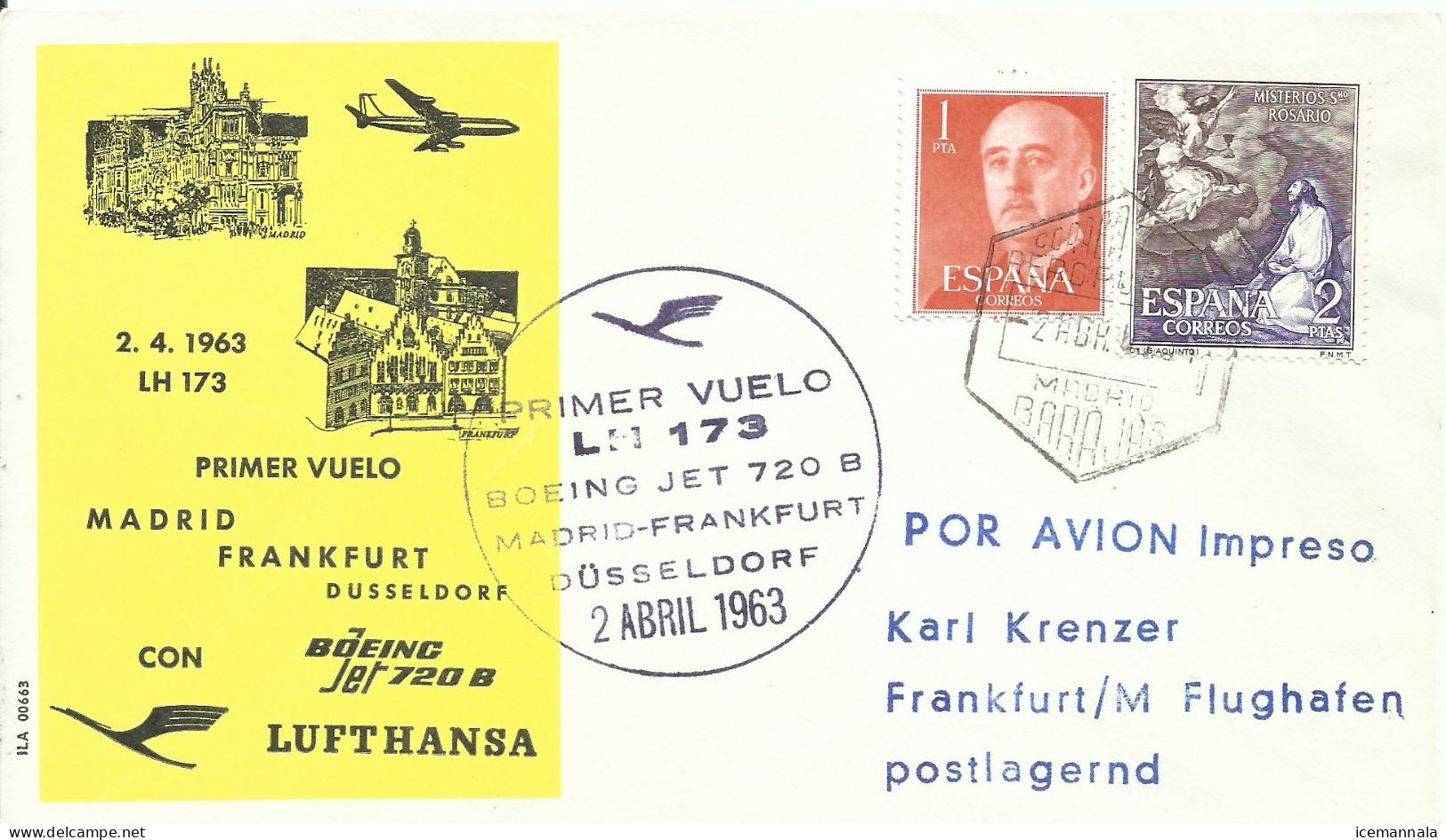 ESPAÑA,  CARTA  AEREA   CONMEMORATIVA  AÑO  1963 - Storia Postale