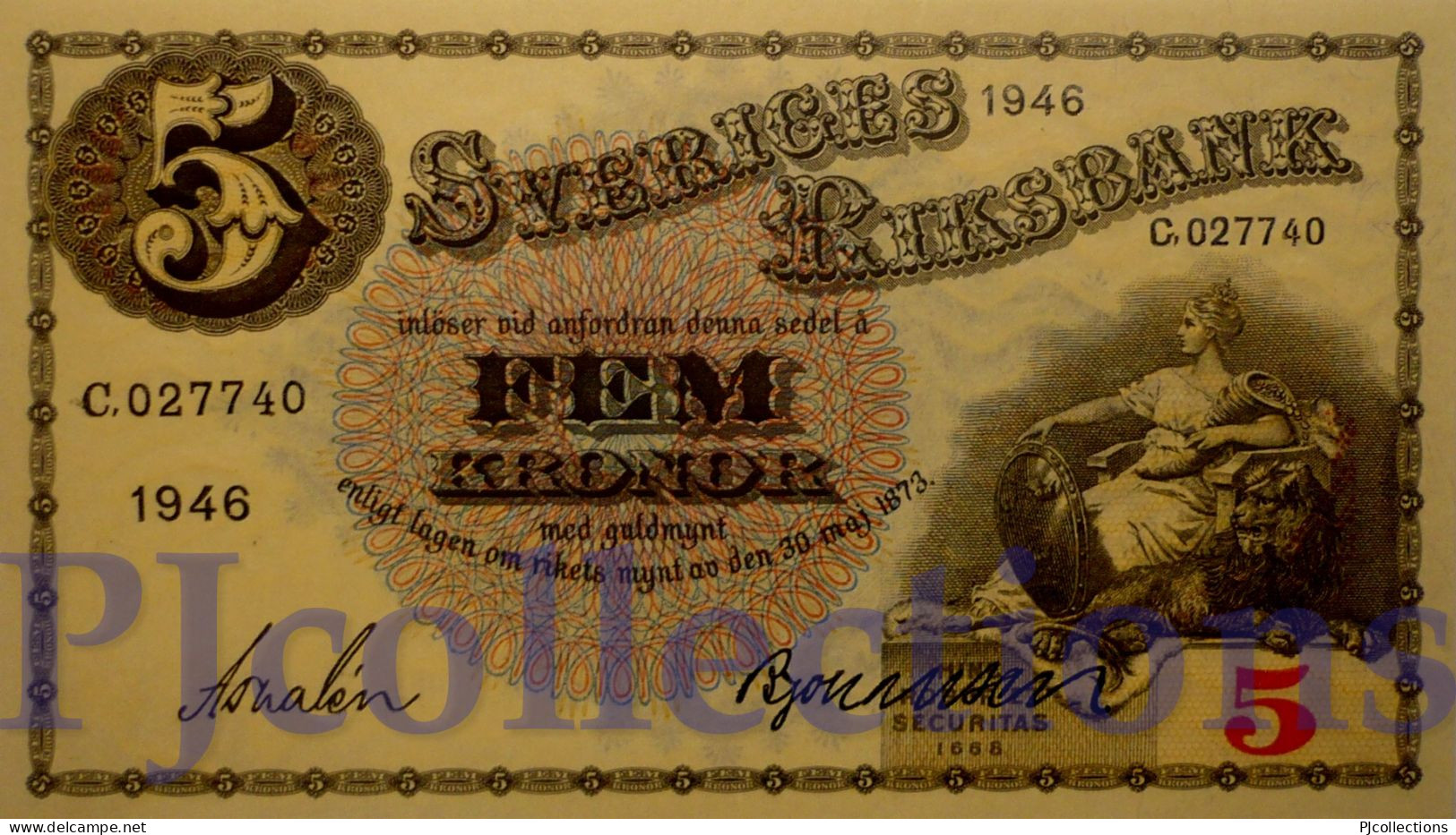 SWEDEN 5 KRONOR 1946 PICK 33ac UNC - Suède