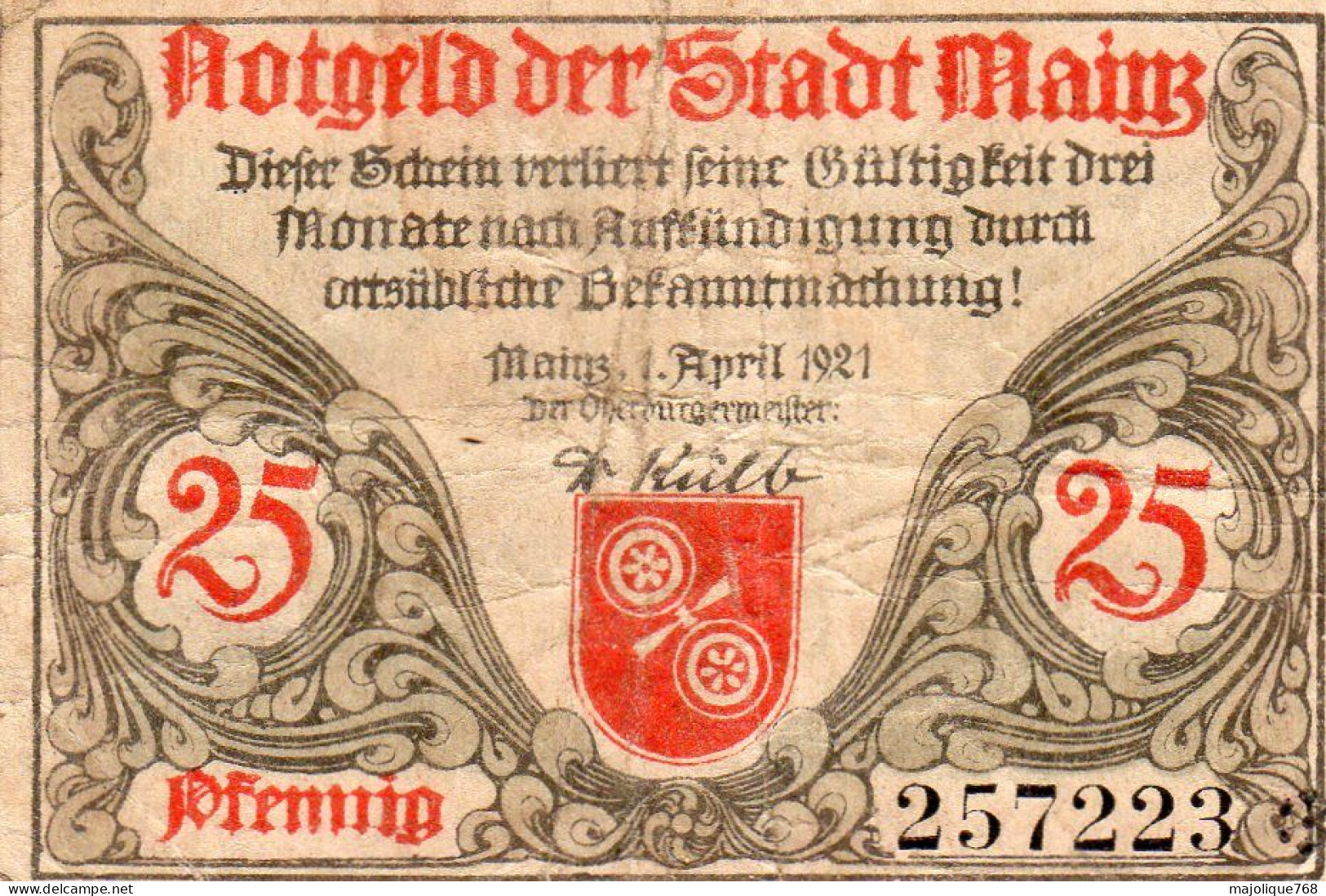 Ancien Billet De Nécéssité Allemand De 25 Pfennig Avril 1921 - Collections