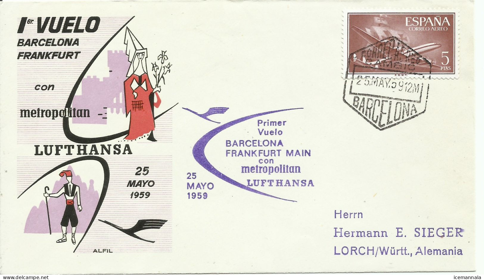 ESPAÑA,  CARTA  AEREA   CONMEMORATIVA  AÑO  1959 - Storia Postale