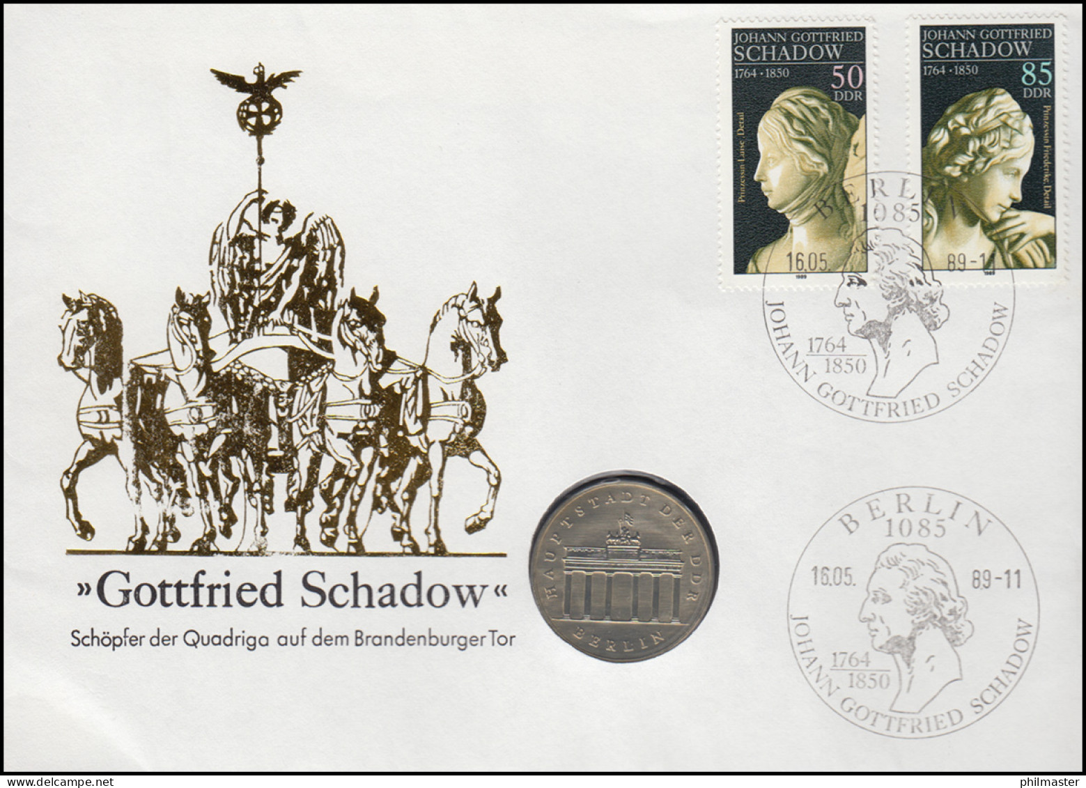 DDR-Numisbrief Gottfried Schadow 5-Mark-Gedenkmünze Brandenburger Tor ESSt 1989 - Coin Envelopes