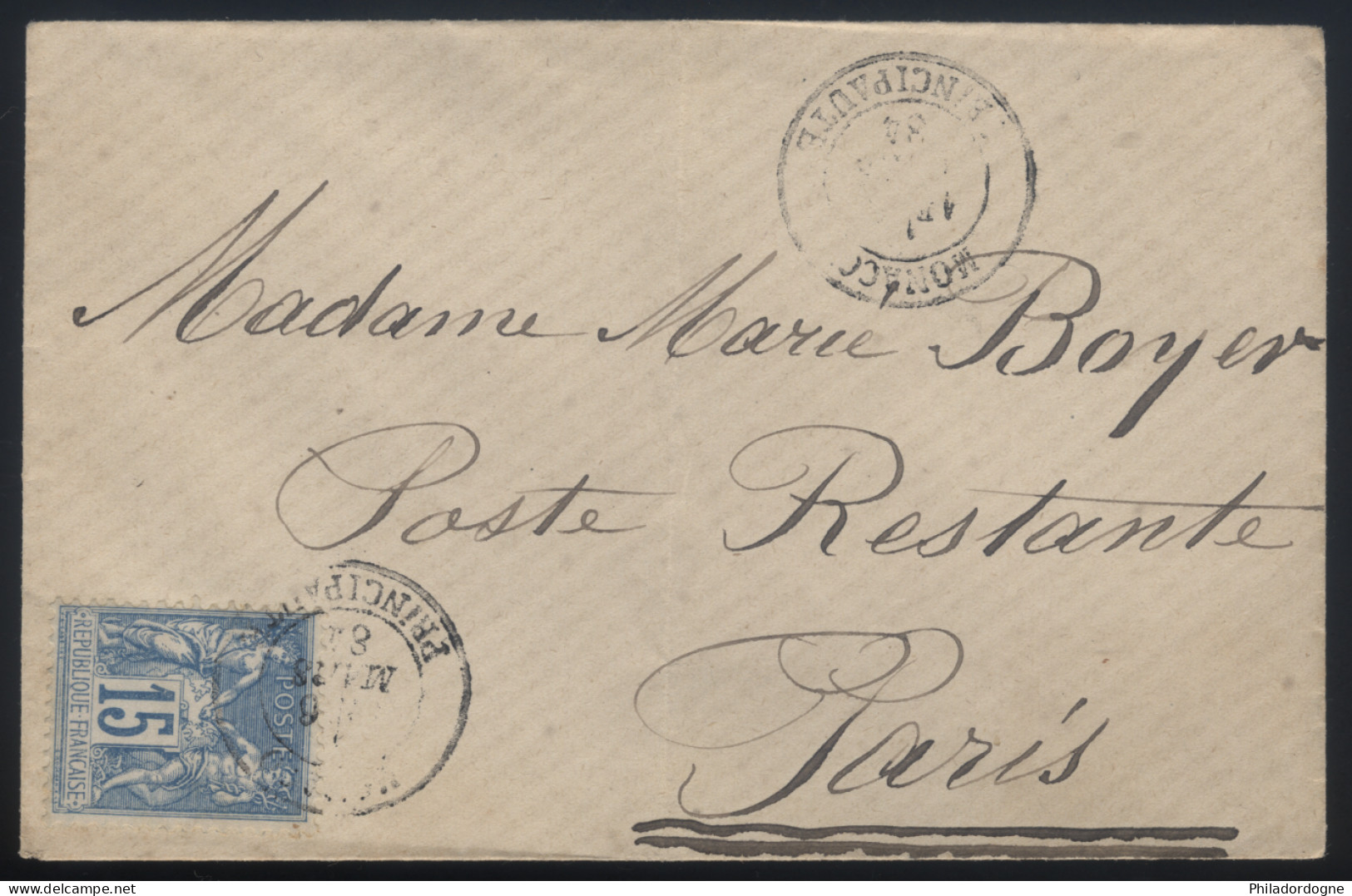 Monaco - Yvert N° 90 Obl. Monaco Principauté (Ga) Seul Sur LsC Pour Paris En Poste Restante 06/03/1884 - Cote 600 Euros - ...-1885 Vorphilatelie