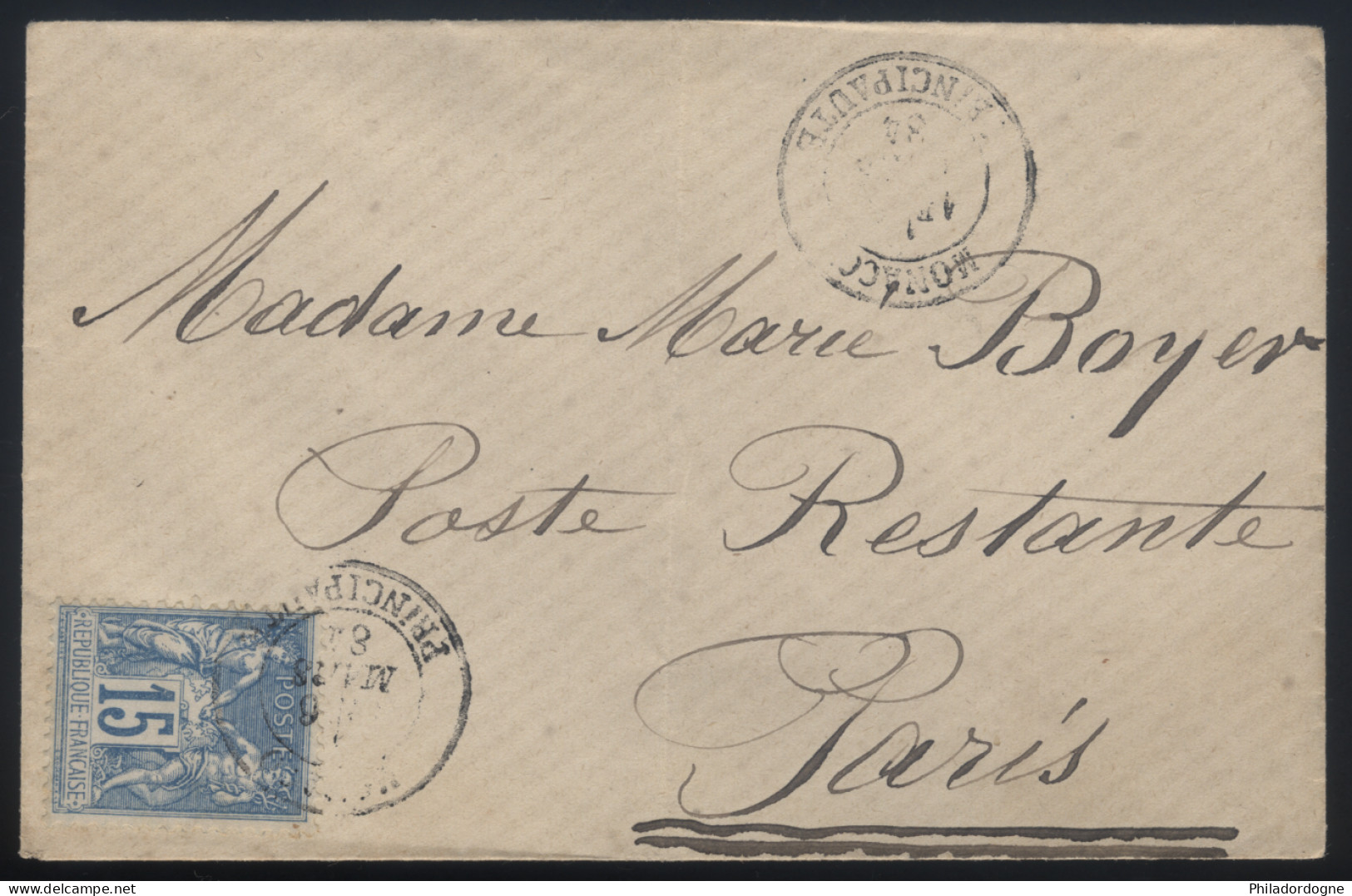 Monaco - Yvert N° 90 Obl. Monaco Principauté (Ga) Seul Sur LsC Pour Paris En Poste Restante 06/03/1884 - Cote 600 Euros - ...-1885 Voorlopers
