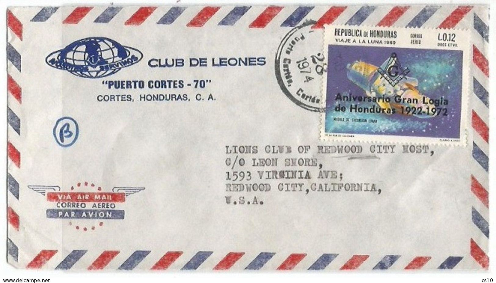 Masonry Massoneria 1972 Gran Logia Honduras L.0.12 Solo Franking Lions Club Puerto Condes 28aug1974 X USA - Freemasonry