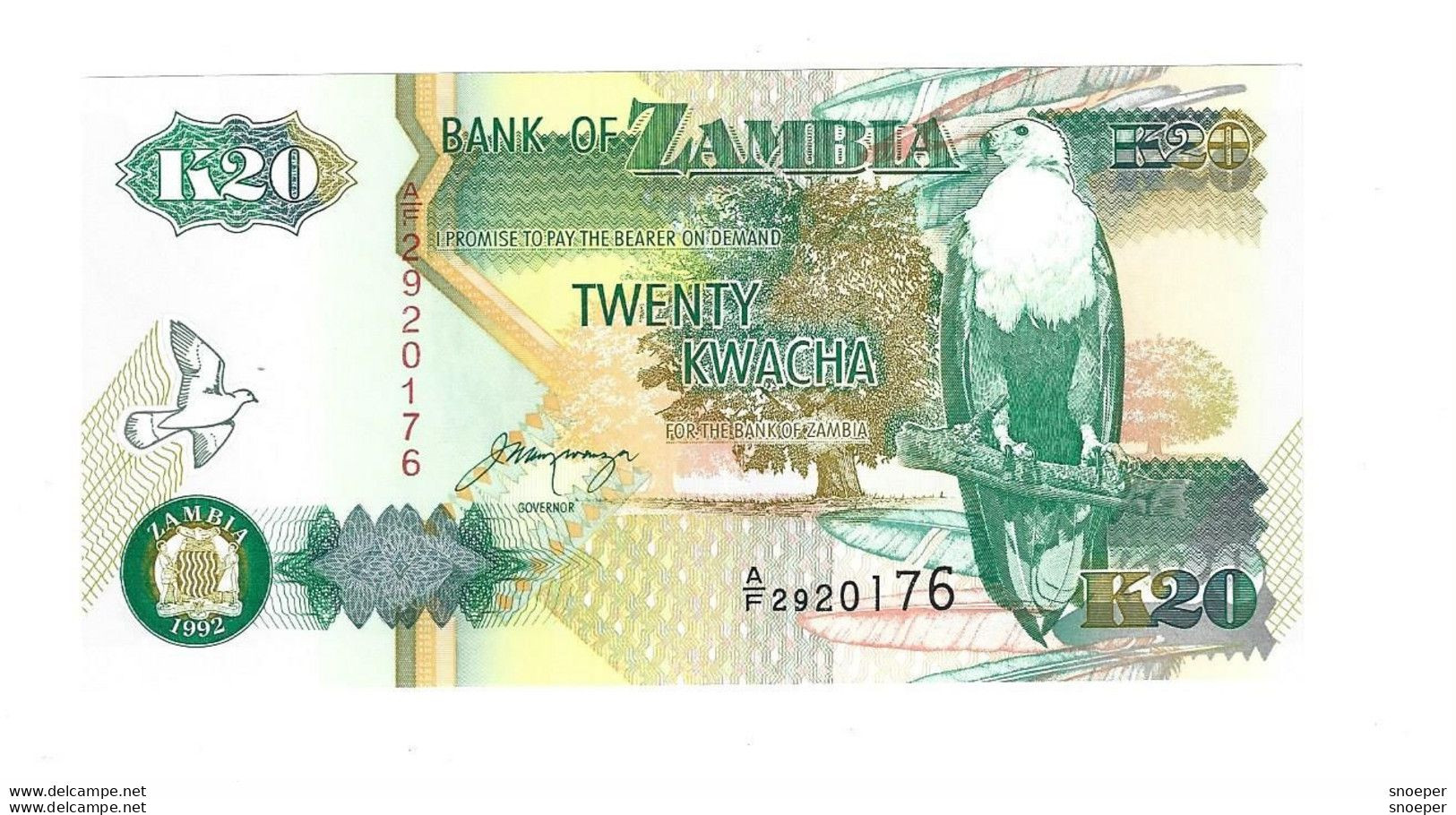 *zambia 20 Kwacha 1992  36b Sig 11   Unc - Zambie