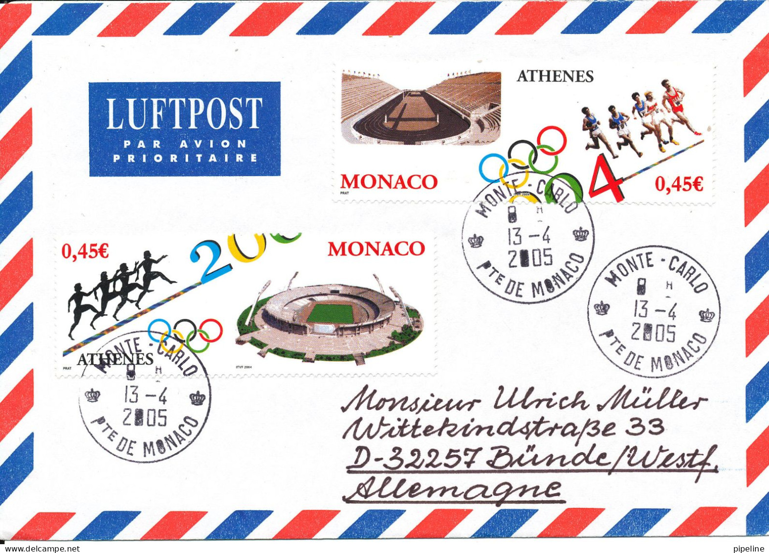 Monaco Air Mail Cover Sent To Germany 13-4-2005 Topic Stamps Olympic Games Athenes 2004 Very Nice Cover - Estate 2004: Atene