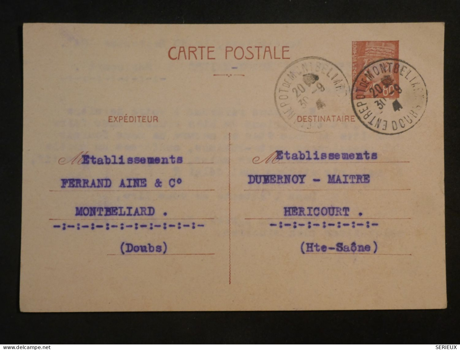 DI 21 FRANCE   BELLE CARTE ENTIER PETAIN 1941 MONTBELIARD A HERICOURT   + AFFRANC. INTERESSANT - Sonstige & Ohne Zuordnung