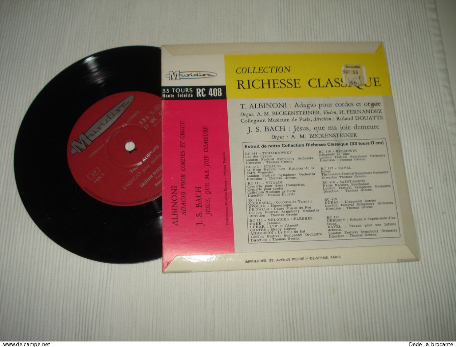 B13 / Albinoni / J. S. Bach - L'Adagio - 7"- 33 T –  RC 408 - Fr 19??  EX/ NM - Formats Spéciaux