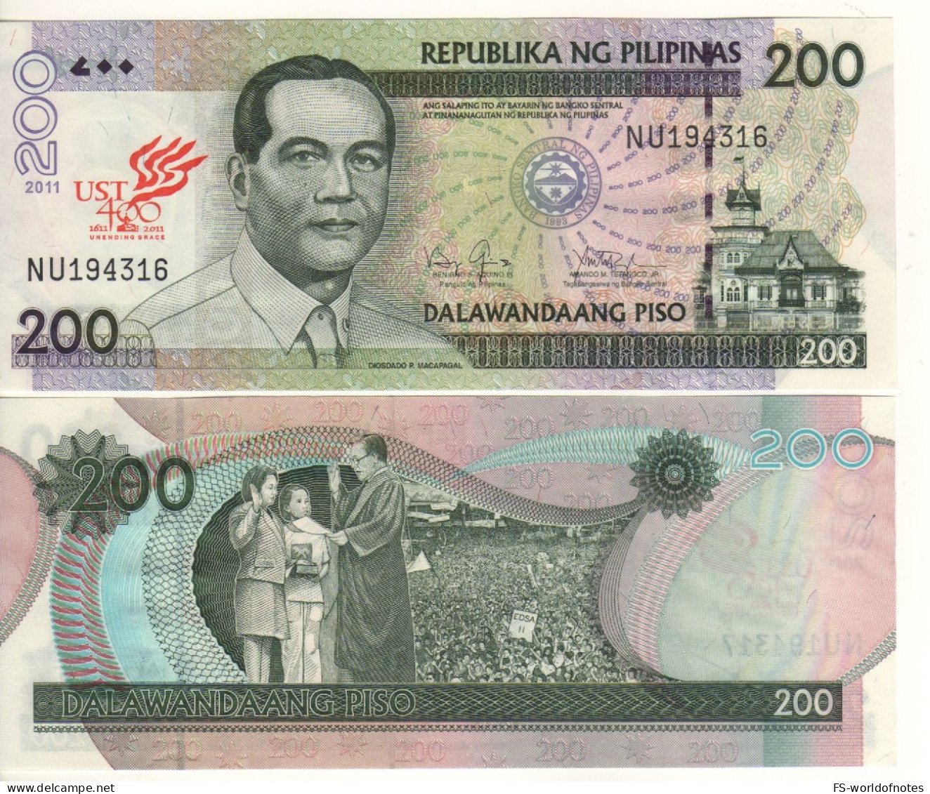 PHILIPPINES  200 Piso   P214   2011 Commemorative  " 400th Anniversary Of Pontifical And Royal University "  UNC - Philippines