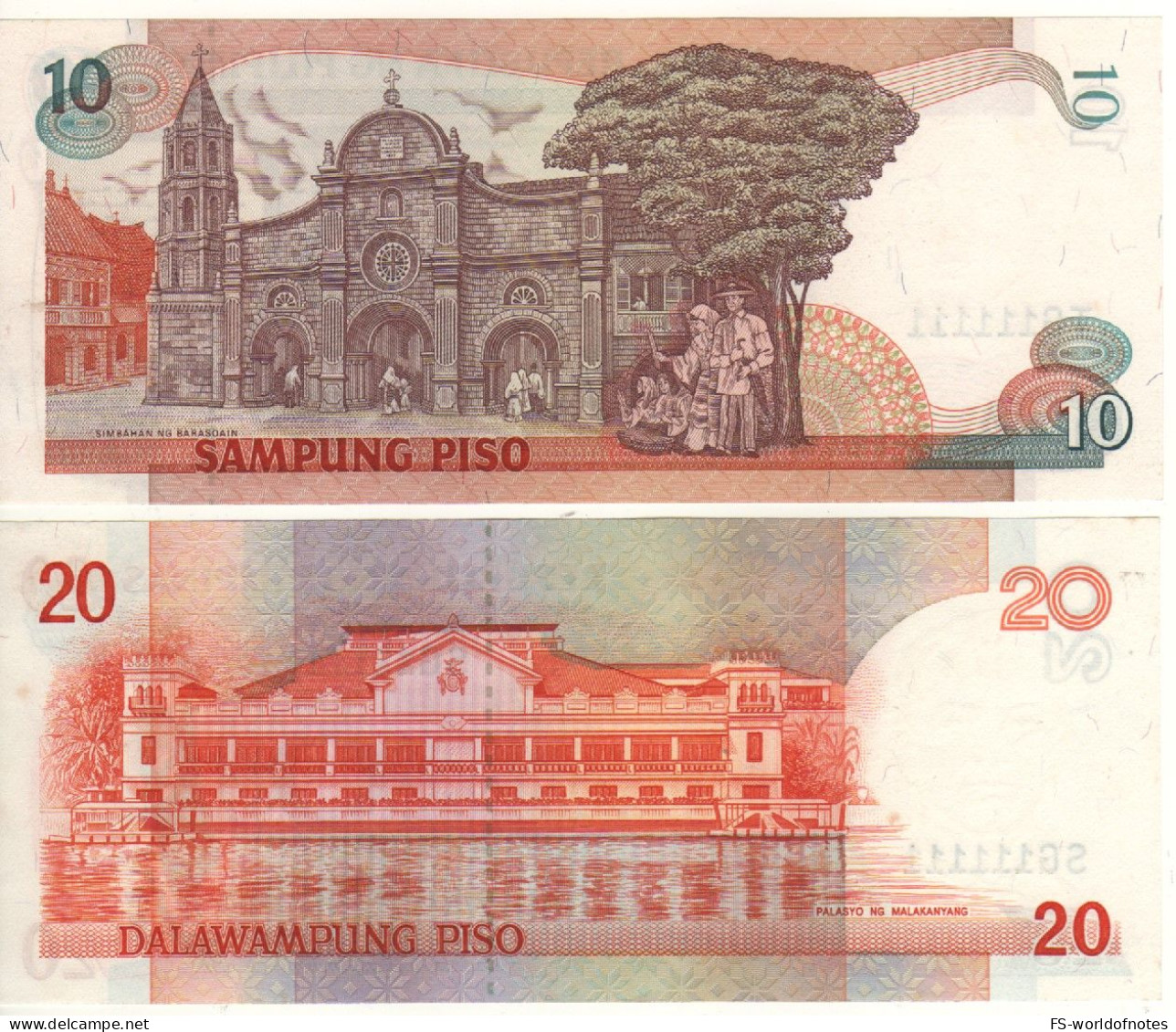 PHILIPPINES Unique "Matching Set Serial Nr. 111111"  10 & 20 Piso P169c-P170c    UNC - Philippinen