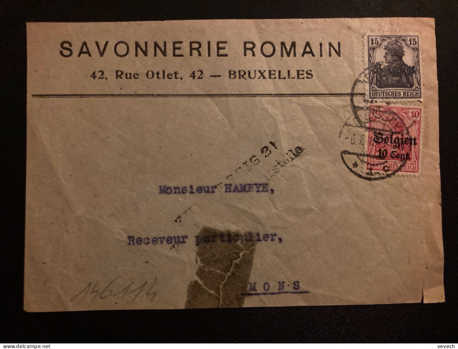 DEVANT SAVONNERIE ROMAIN TP GERMANIA 10 Surch.Belgien 10 Centimes+15 Surch.Belgien 15 Cent.OBL.6-7 18 BRUXELLES + Griffe - OC38/54 Belgian Occupation In Germany