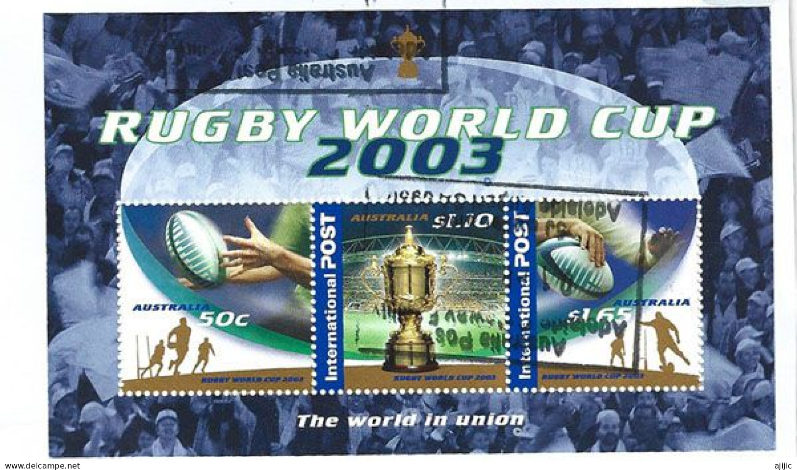 RUGBY WORLD CUP 2003 AUSTRALIA., Bloc-feuillet Oblitéré Sur Fragment Lettre - Rugby