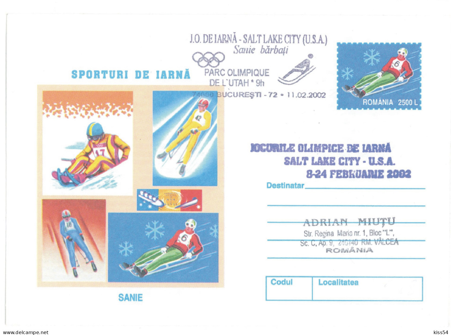 IP 2001 - 0225a U. S. A. SALT LAKE CITY 2002 - SLEDGE MAN - Winter Olympic Games - Stationery - Used - 2001 - Hiver 2002: Salt Lake City