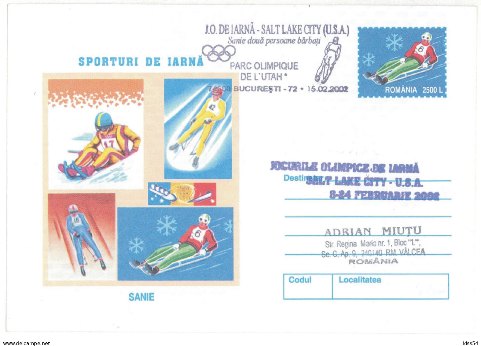 IP 2001 - 0225b U. S. A. SALT LAKE CITY 2002 - SLEDGE 2 MEN - Winter Olympic Games - Stationery - Used - 2001 - Winter 2002: Salt Lake City