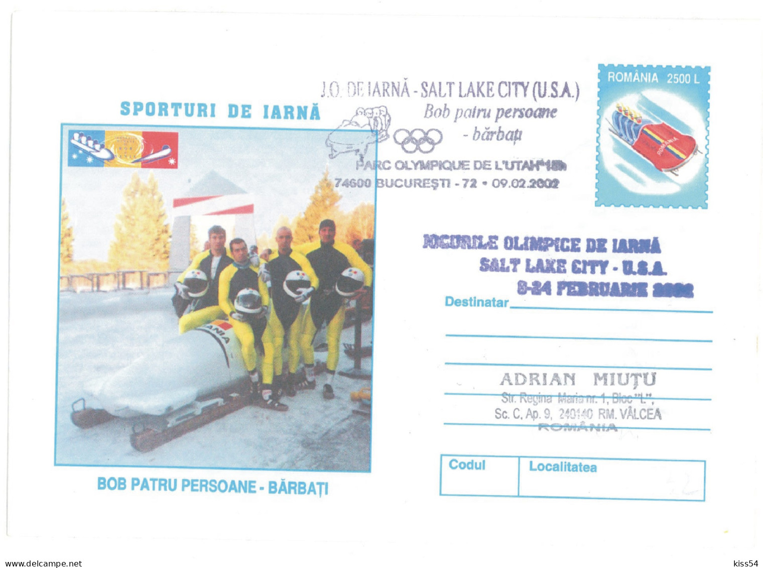 IP 2001 - 0226b U. S. A. SALT LAKE CITY 2002 - 4 BOBSLEIGHT MEN - Winter Olympic Games - Stationery - Used - 2001 - Hiver 2002: Salt Lake City