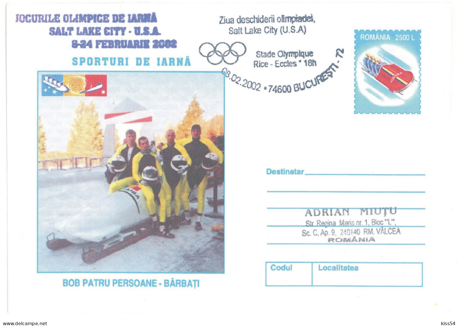 IP 2001 - 0226a U. S. A. SALT LAKE CITY 2002 - 4 BOBSLEIGHT MEN - Winter Olympic Games - Stationery - Used - 2001 - Hiver 2002: Salt Lake City