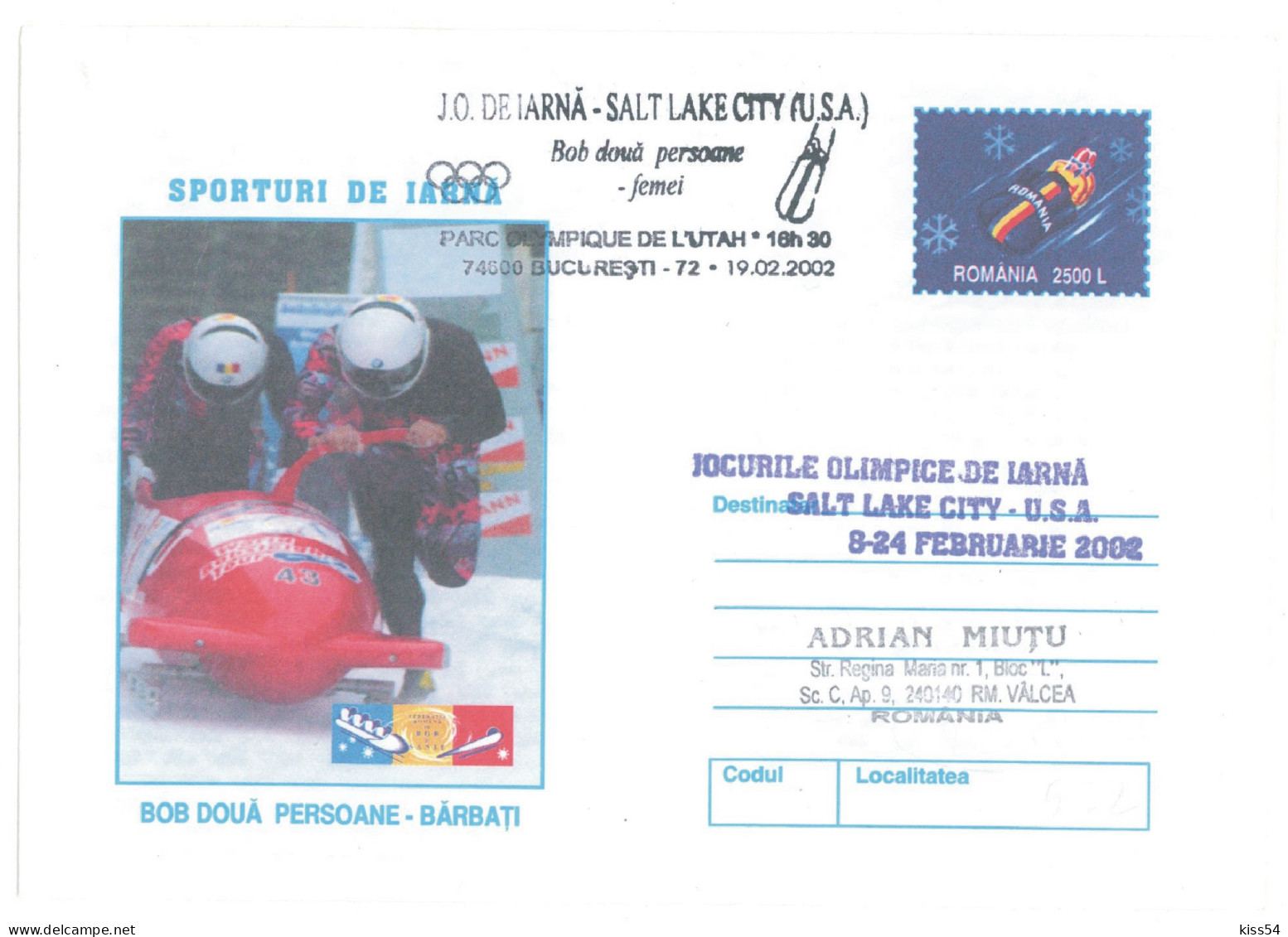 IP 2001 - 0227a U. S. A. SALT LAKE CITY 2002 - 2 BOBSLEIGHT Women - Winter Olympic Games - Stationery - Used - 2001 - Winter 2002: Salt Lake City