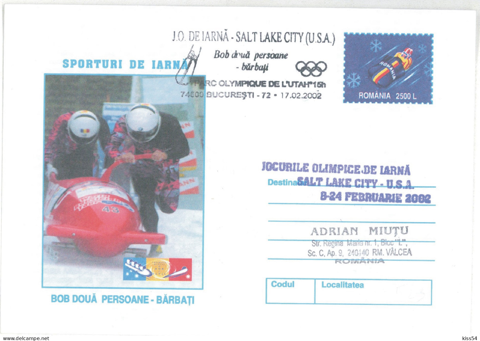 IP 2001 - 0227b U. S. A. SALT LAKE CITY 2002 - 2 BOBSLEIGHT Men - Winter Olympic Games - Stationery - Used - 2001 - Winter 2002: Salt Lake City