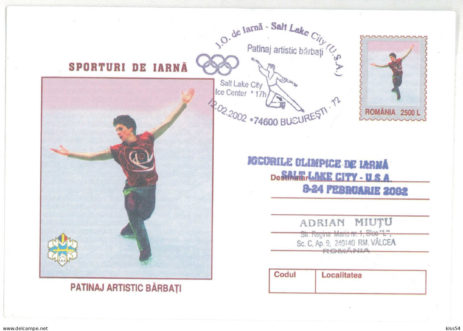 IP 2001 - 0228b U. S. A. SALT LAKE CITY 2002 - ARTISTIC Men SKATING - Winter Olympic Games - Stationery - Used - 2001 - Hiver 2002: Salt Lake City