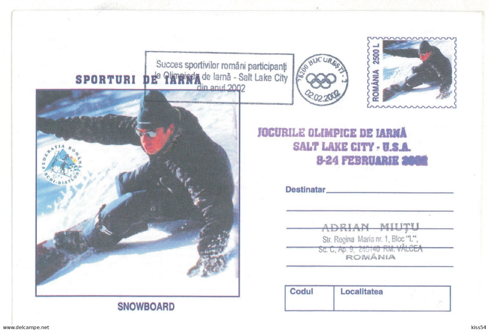 IP 2001 - 0231a U. S. A. SALT LAKE CITY 2002 - SNOWBOARD - Winter Olympic Games - Stationery - Used - 2001 - Hiver 2002: Salt Lake City