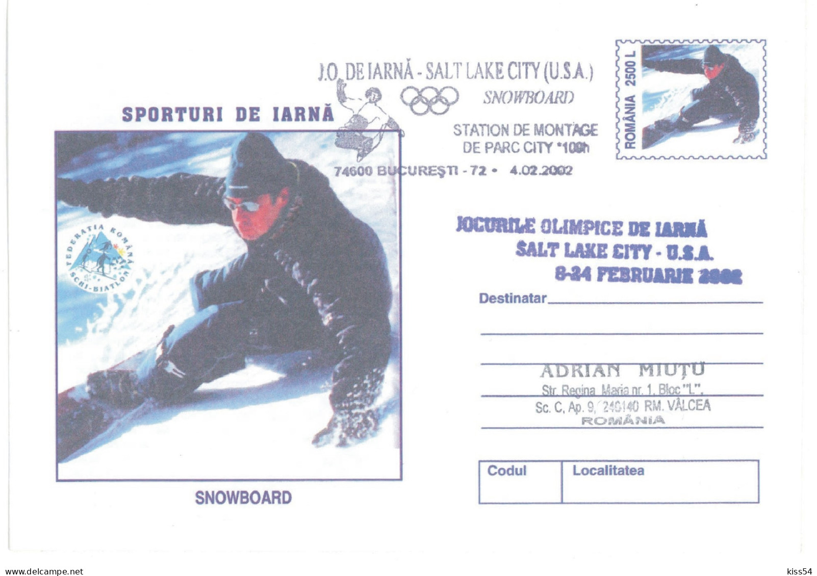 IP 2001 - 0231b U. S. A. SALT LAKE CITY 2002 - SNOWBOARD - Winter Olympic Games - Stationery - Used - 2001 - Inverno2002: Salt Lake City