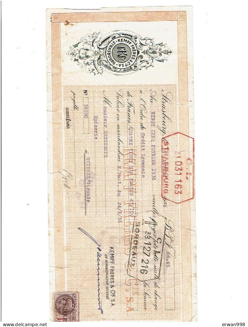 67 STRASBOURG Lettre De Change Illustrée Pour Crédit Lyonnais Timbre Fiscal SA KEMPF Année 1936- (761) - Lettres De Change