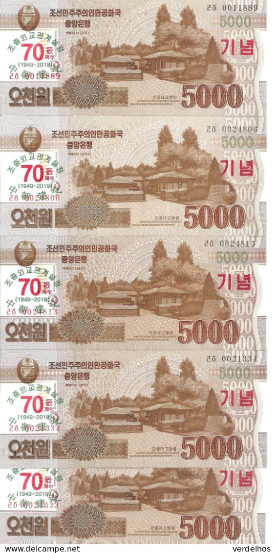 COREE DU NORD 5000 WON 2019 UNC P CS25 ( 70e Anniversaire) ( 5 Billets ) - Corée Du Nord