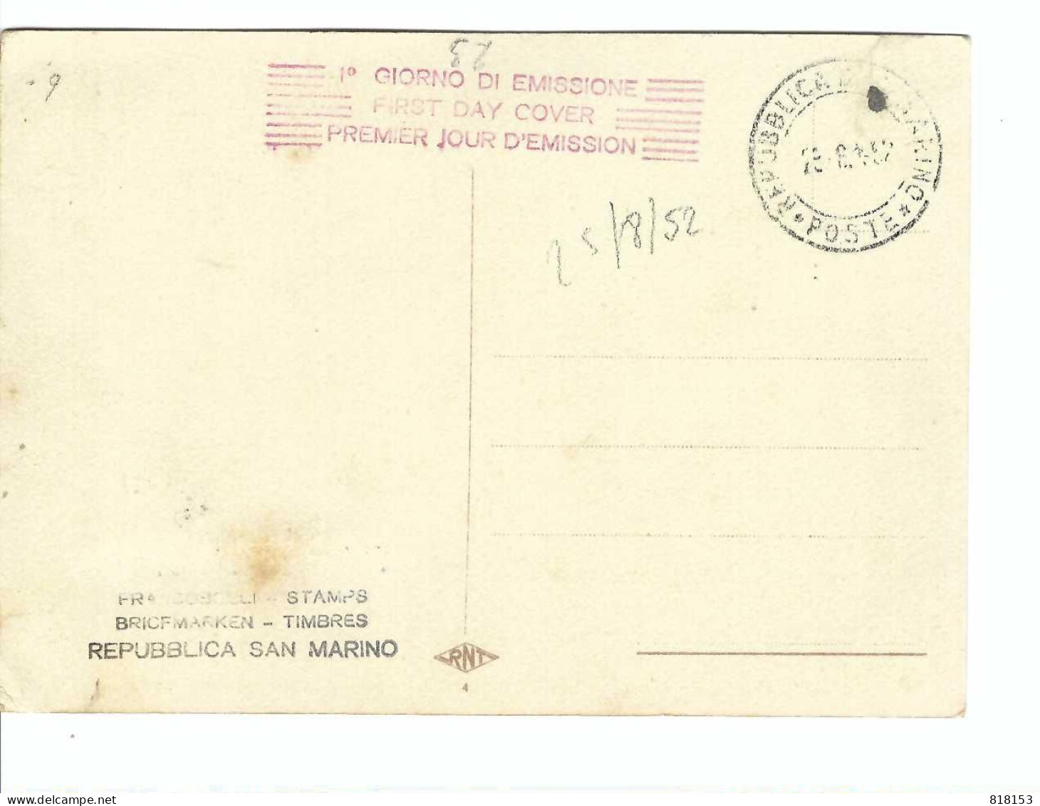 FDC REPUBLICA DI S.MARINO      25.8.52 - Gebruikt