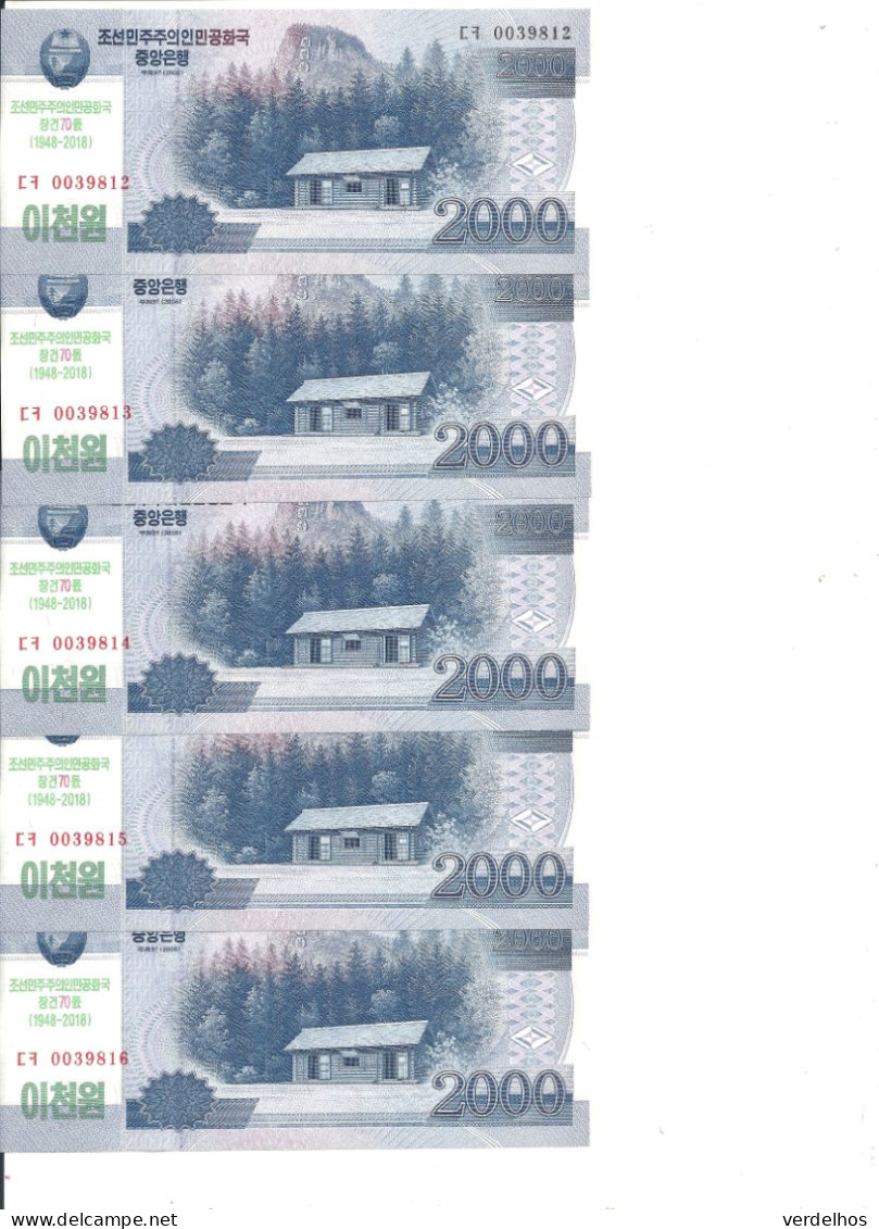 COREE DU NORD 2000 WON 2018 UNC P CS22 ( 70e Anniversaire) ( 5 Billets ) - Corée Du Nord