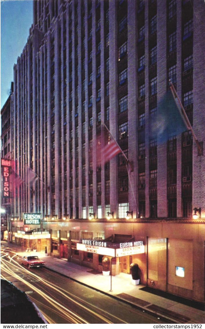 NEW YORK, HOTEL EDISON, ARCHITECTURE, CAR, FLAGS, UNITED STATES, POSTCARD - Autres Monuments, édifices