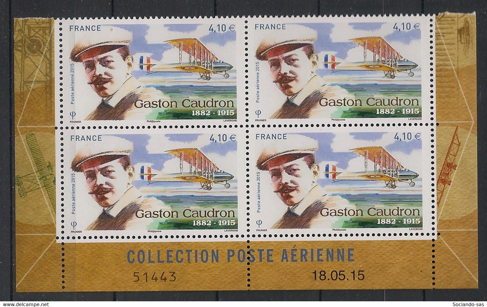 FRANCE - 2015 - Poste Aérienne PA N°YT. 79a - Gaston Caudron - Bloc De 4 Coin Daté - Neuf Luxe ** / MNH - Luchtpost