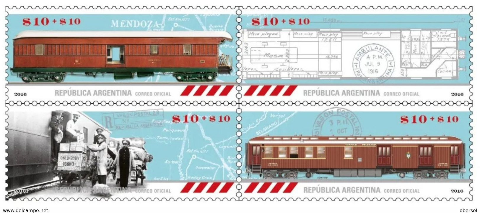 Argentina 2016 Trains Postal Transportation Complete Se Tenant MNH Set - Unused Stamps