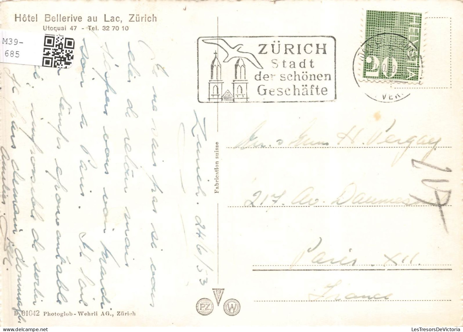 SUISSE - Zürich - Hotel Bellerive Mit Utoquai - Carte Postale Ancienne - Autres & Non Classés