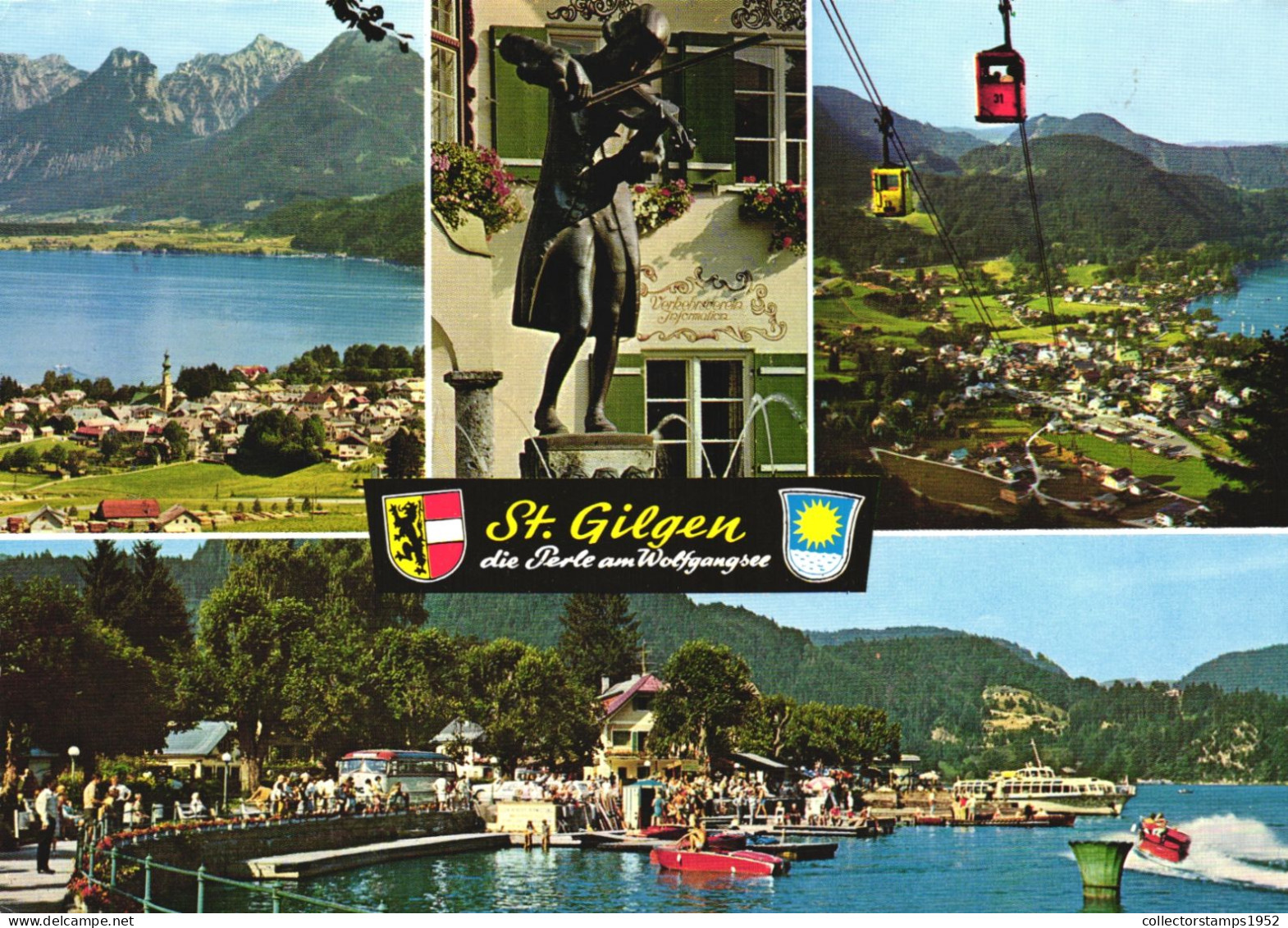 ST. GILGEN, SALZBURG, MULTIPLE VIEWS, ARCHITECTURE, STATUE, CABLE CAR, MOUNTAIN, LAKE, EMBLEM, BOATS, AUSTRIA, POSTCARD - St. Gilgen