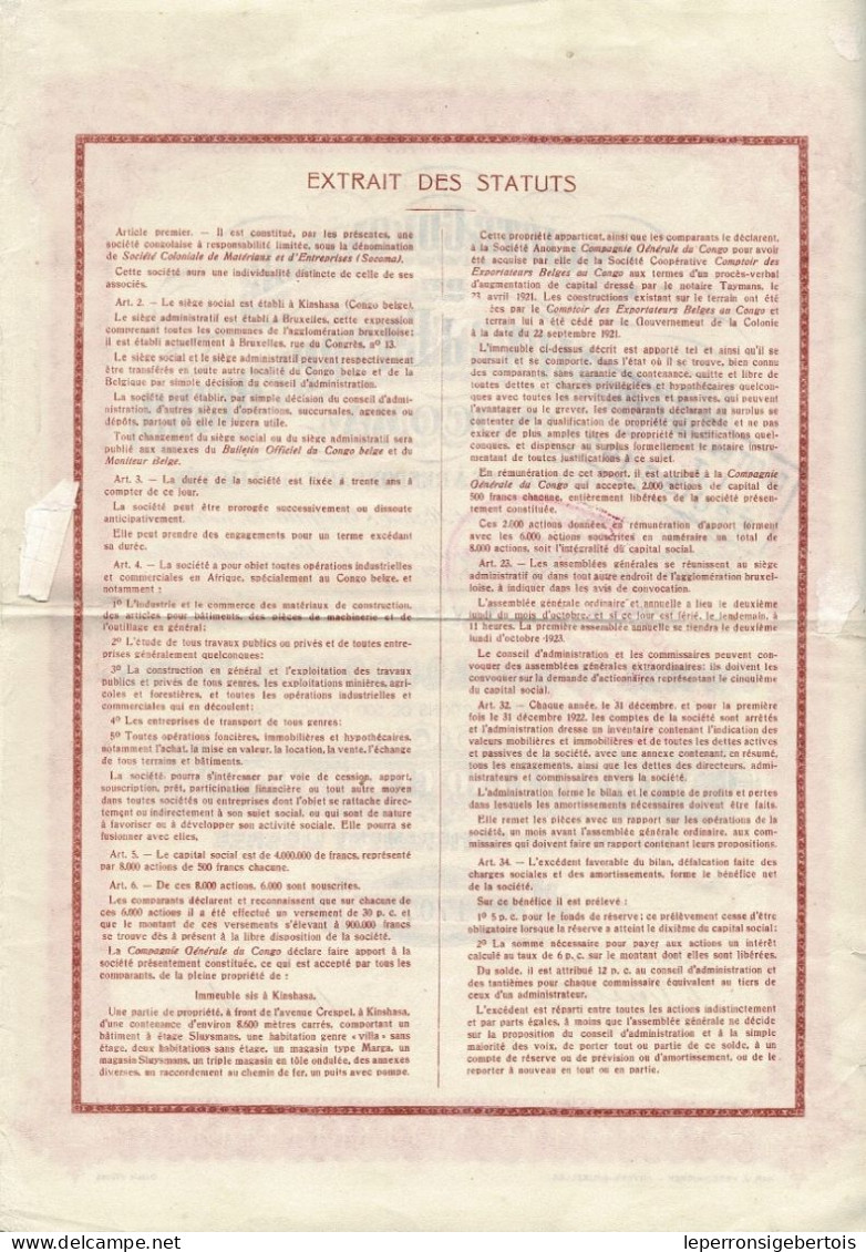 Titre De 1922 - Société Coloniale De Matériaux D'Entreprises - SOCOMA - Société Congolaise à Responsabilité Limitée - - Africa