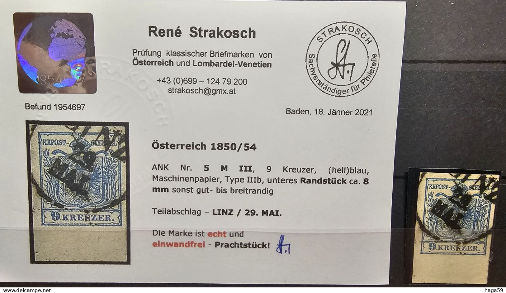 Österreich 1850 / 9 Kr, Hellblau, MP, Type IIIb, Unteres Randstück, Linz /29 Mai - Used Stamps