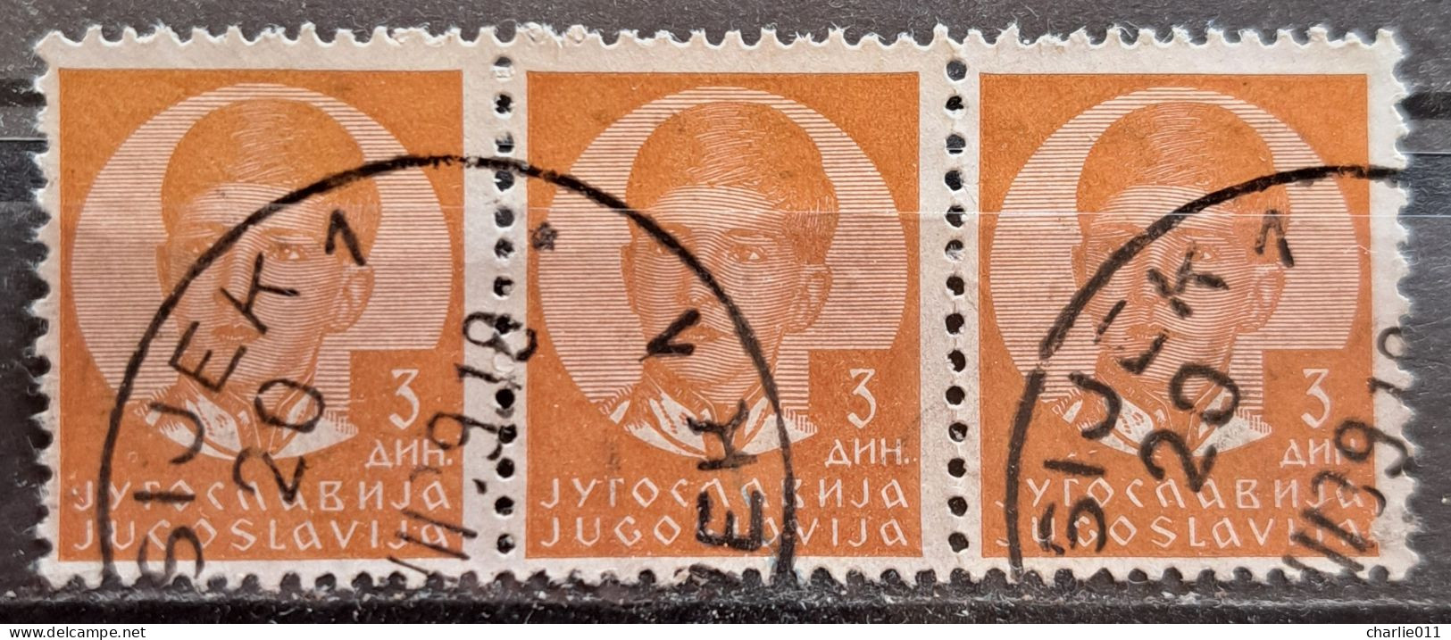 KING PETER II-3 DIN.-3 IN RAW-POSTMARK OSIJEK-ERROR-CROATIA-YUGOSLAVIA-1939 - Used Stamps