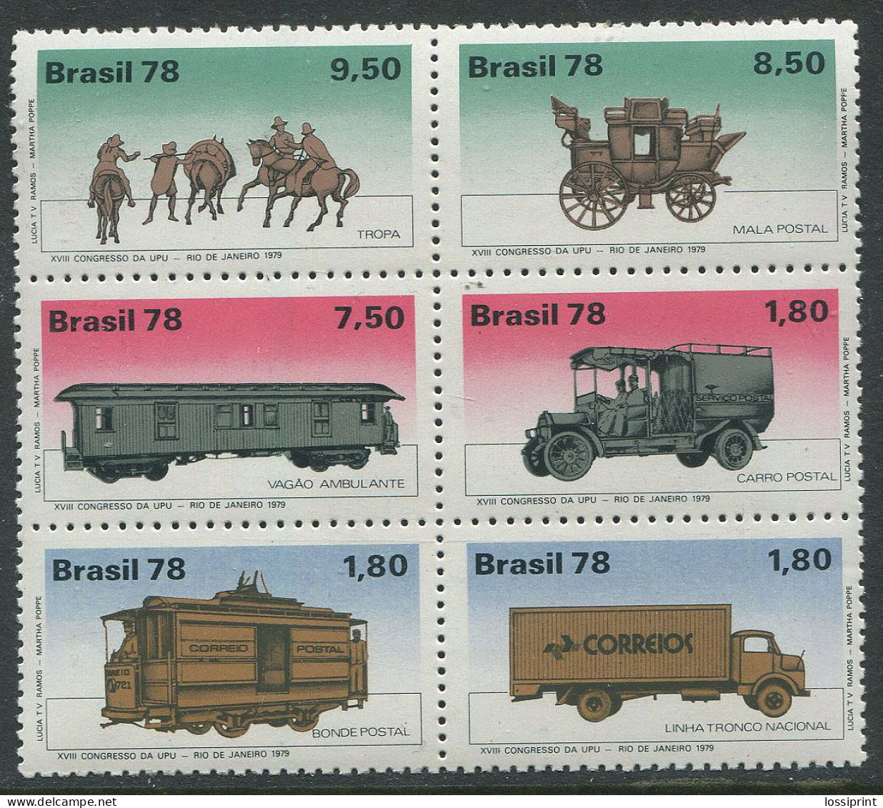 Brasil:Brazil:Unused Stamps UPU XVIII Congress, Trucks, Tram, Train, Coach, Horses, 1978, MNH - Camions