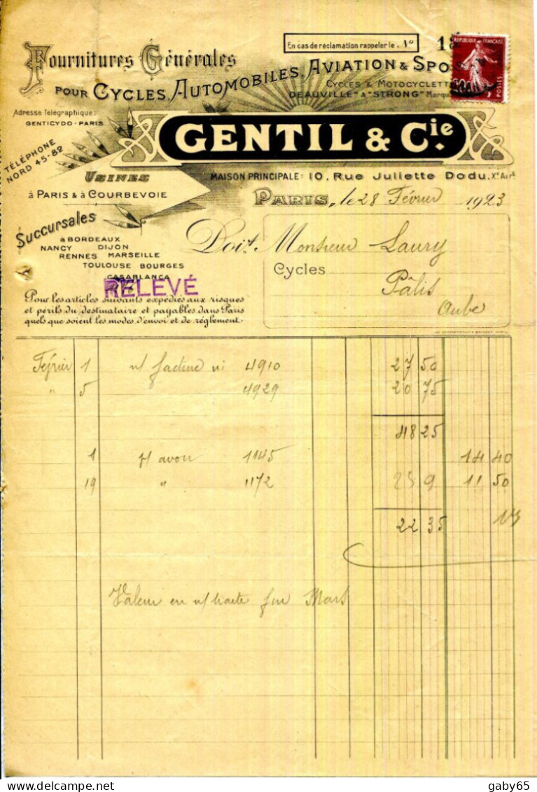 FACTURE.PARIS.FOURNITURES POUR CYCLES,AUTOMOBILES,AVIATION & SPORTS.GENTIL & Cie.USINE A COURBEVOIE. - Automobile