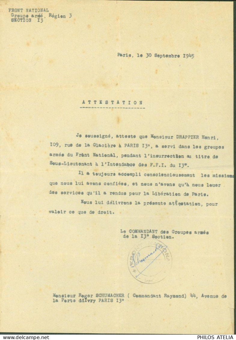 Guerre 40 Front National Groupe Armée Région 3 Section 13 Attestation Appartenance Résistance FFI Pdt Insurrection Paris - Oorlog 1939-45